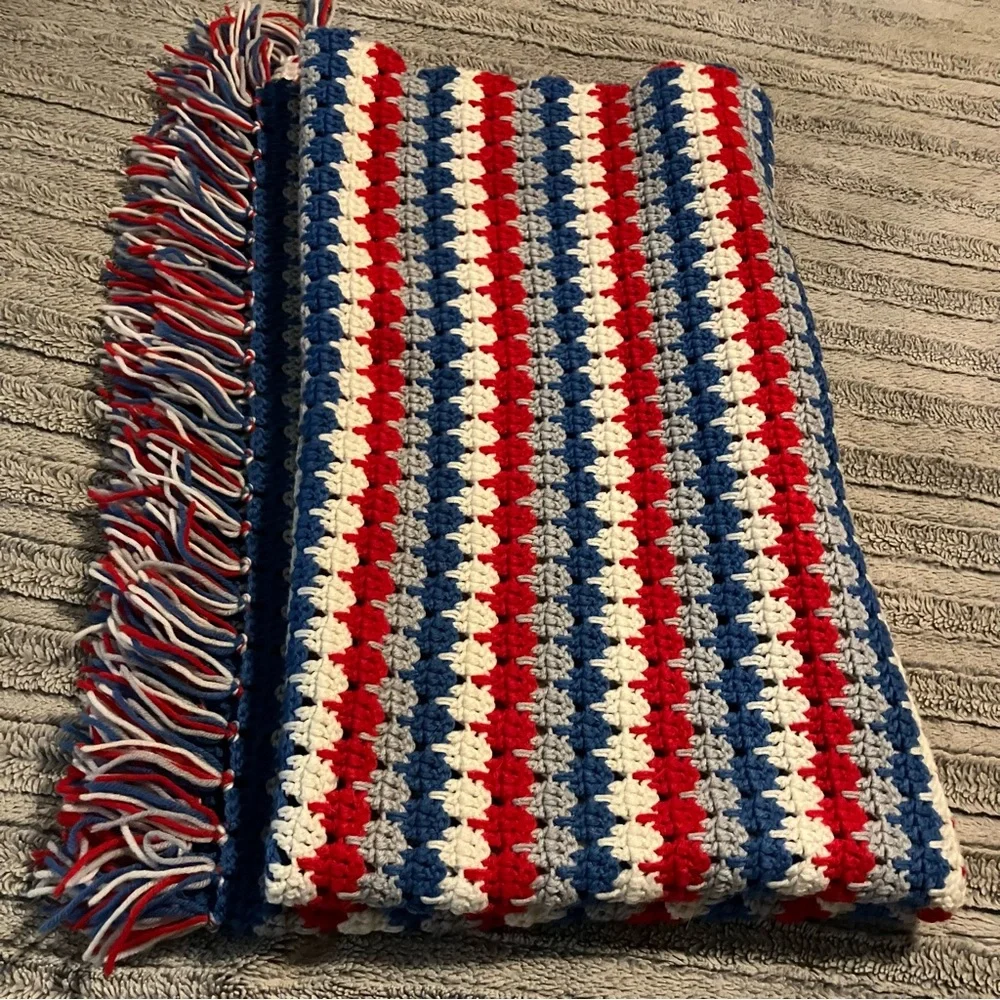 Red, White,‎ and Blue Crochet Afghan Throw Blanket 52”x68”